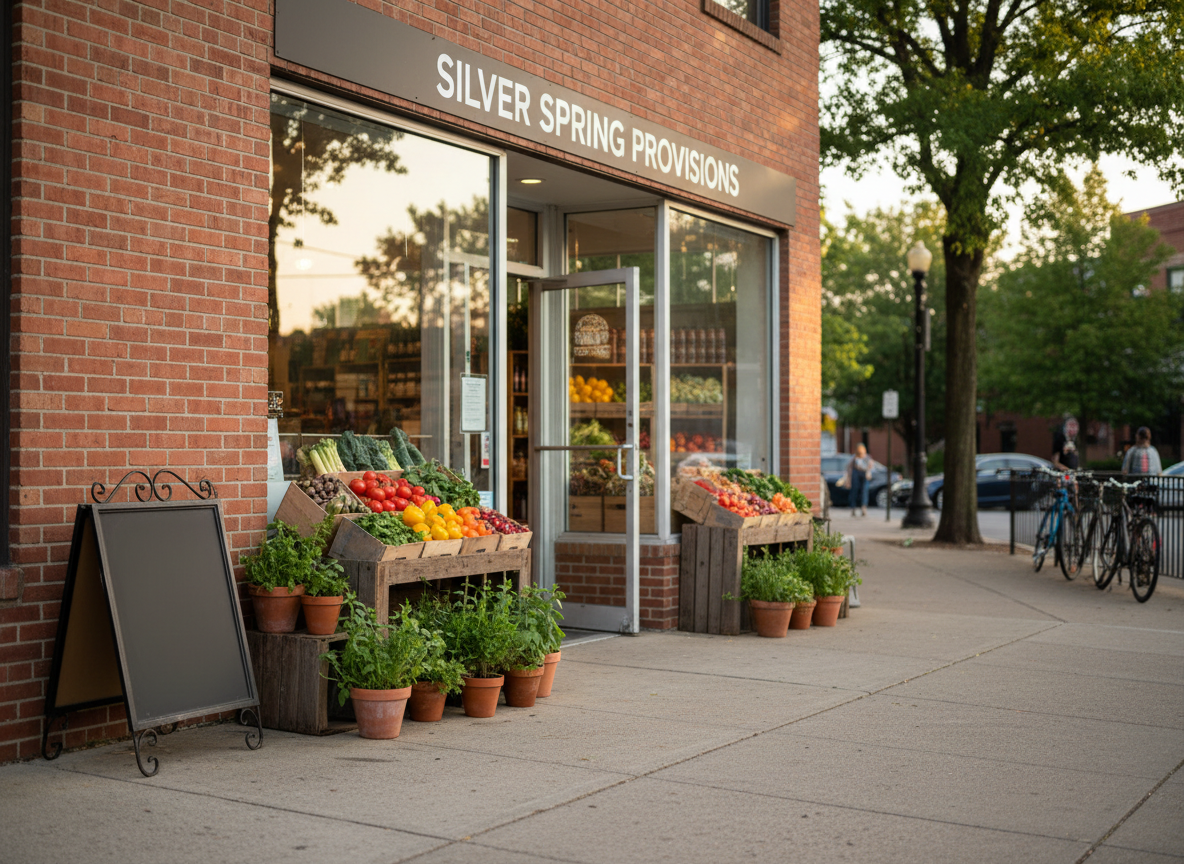 A well-organized neighborhood market entrance in Silver Spring, Maryland, viewed from the sidewalk at eye level. A wide glass door with simple wood trim is flanked by large windows revealing neatly arranged produce crates inside: bright red tomatoes, leafy greens, and yellow peppers stacked in natural wooden bins. Outside, a small chalkboard-style sign is implied by its frame shape, kept blank of text, sitting beside planters filled with herbs. Soft late-afternoon natural light creates gentle reflections on the glass and subtle shadows along the brick facade. The atmosphere feels local, walkable, and welcoming, with a calm, professional tone. Photographic realism, sharp focus on the storefront, with the surrounding residential trees and parked bicycles softly blurred to suggest a walkable neighborhood context.