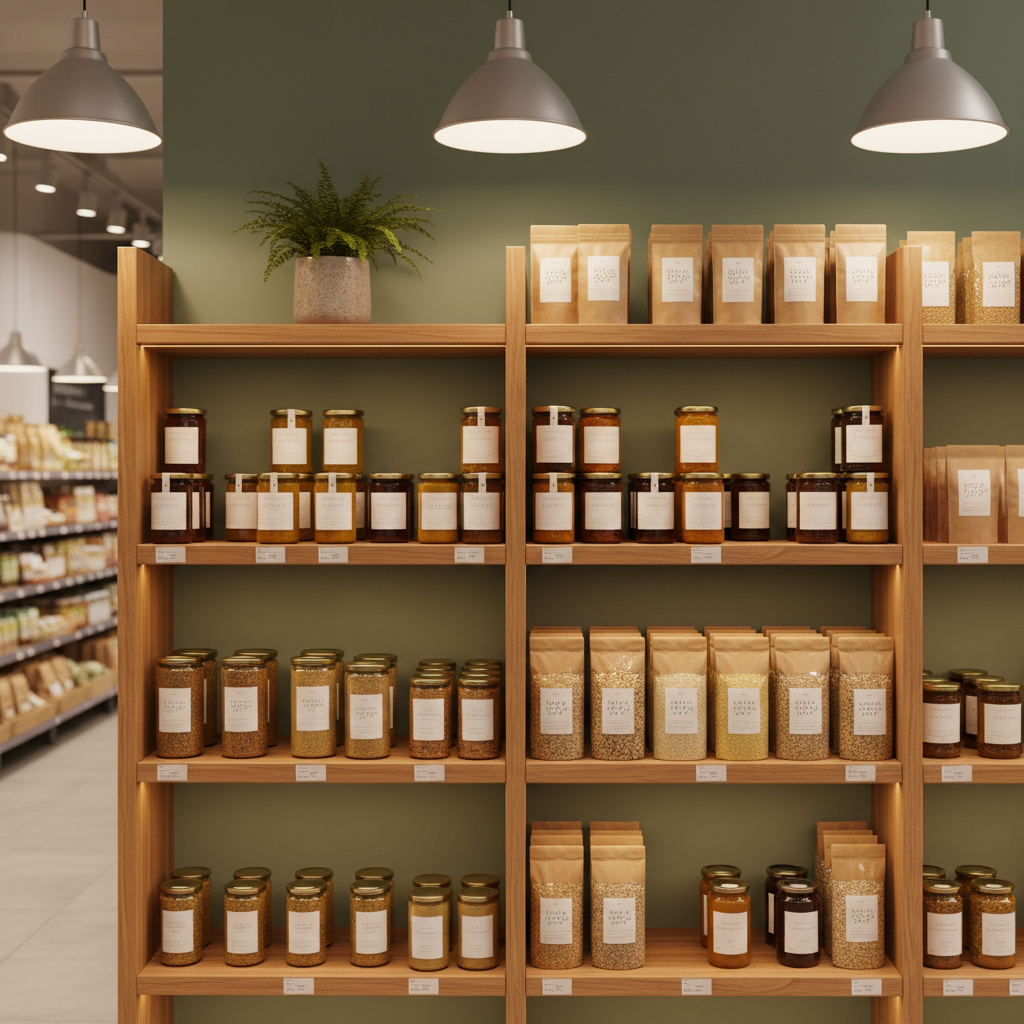 A polished wooden market shelf inside a neighborhood grocery, filled with carefully arranged glass jars of local preserves, honey, and grains in brown paper bags, each with simple, text-free labels. The shelf sits against a muted sage-green wall, with a small potted fern on the top adding a touch of greenery. Soft overhead pendant lighting with warm bulbs casts a gentle, even glow, creating subtle highlights on the glass jars and soft shadows beneath the shelves. The composition is photographed straight on with a slight angle, emphasizing depth down the aisle, with the foreground in crisp focus and the background shelving gradually blurring. The mood is organized, calm, and trustworthy, conveying a professional yet neighborly market atmosphere with photographic realism and a clean, modern aesthetic.