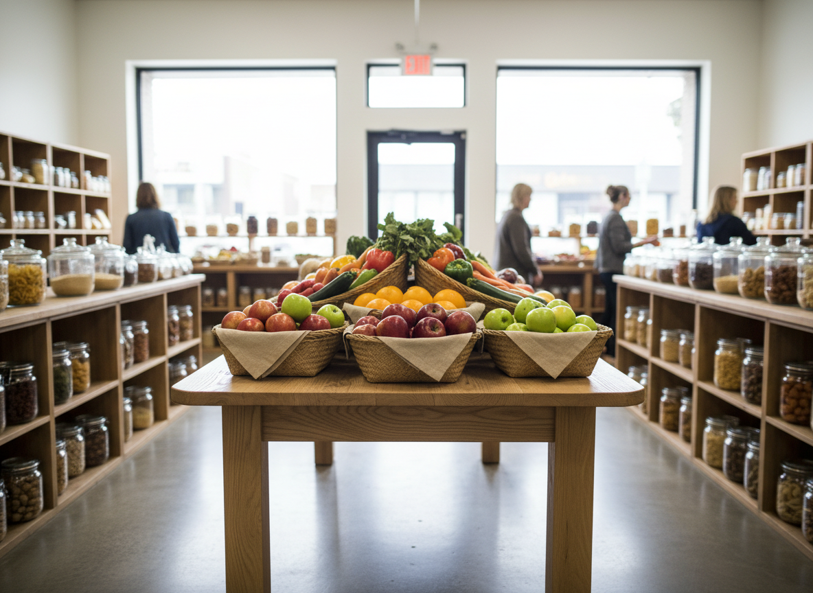 A central display table in a neighborhood market, crafted from reclaimed light oak wood with visible grain and gently rounded corners, positioned in the middle of a bright, compact store. On top, woven baskets hold crisp apples, oranges, and seasonal vegetables, with folded natural linen cloths lining each basket. Around the table, low shelves display dry goods in simple glass containers. Large front windows allow diffused daylight to fill the room, creating soft, natural illumination and faint reflections on the polished concrete floor. The composition is shot from a slightly elevated angle, using the rule of thirds to place the table off-center, with the front baskets in sharp focus and the aisles softly blurred. The mood is warm, approachable, and community-oriented, with photographic realism and subtle, earthy colors.